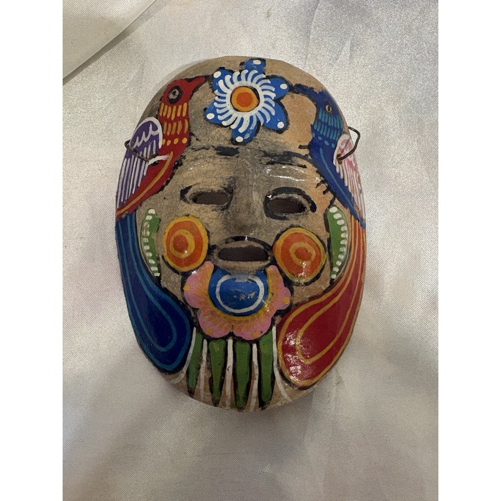 Mexican Hand Painted Terra Cotta Clay Pottery Mask Wall Decoration 4" long